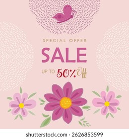 Sale special offer gift card modern floral design with wild flowers bouquet, birds butterfly pattern, pink ribbon yellow wreath Holiday Birthday Anniversary invitation Mother's Day banner for mom set