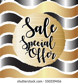 Sale, Special offer hand draw black lettering on gold circle with black lines on background. Vector illustration.