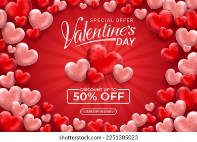 Oferta especial de venta Feliz Día de San Valentín fondo, conjunto de antecedentes abstractos con amor y color rosa patrón para banner, afiche, plantillas de diseño de portada, historias de papel tapiz de fuentes sociales