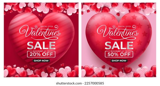 Sale special offer Happy Valentines Day greeting Background, set of abstract backgrounds with love and pattern pink color for banner, poster, cover design templates, social media feed