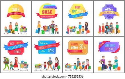 Sale special offer labels on posters with people doing shopping, vector illustration banners with families carrying carts, trolleys full of presents