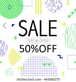 Sale and special offer modern banner in the Memphis style with bright colors Vector illustration. 80s - 90s 