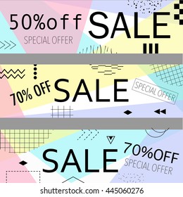 Sale and special offer modern banner in the Memphis style with bright colors Vector illustration. 80s - 90s 