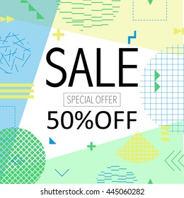 Sale and special offer modern banner in the Memphis style with bright colors Vector illustration. 80s - 90s 