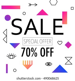 Sale and special offer poster for on-line shop. Vector illustration. 80s - 90s Memphis style.