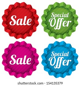 Sale and Special offer price tags set. Vector red round star stickers. Icons for shopping. Isolated on white.