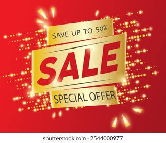 Sale special offer with red background. In gold design. Discount banner. Special offer. Shining star. Sale special offer inscription design template. In gold design with red background . Discount 