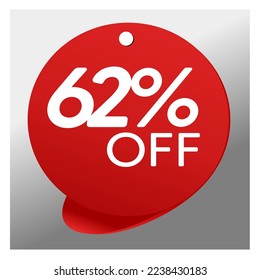 Sale special offer red tag 62% off isolated vector illustration, promotion and offer price