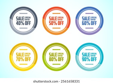Sale special offer tag sticker set. Shopping discount label with 40, 50, 60, 70, 80, and 90 percent off