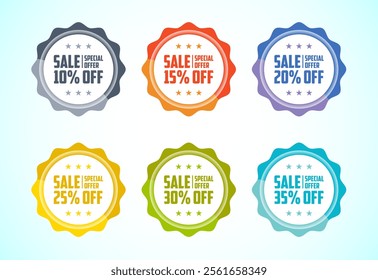 Sale special offer tag sticker set. Shopping discount label with 10, 15, 20, 25, 30, and 35 percent off