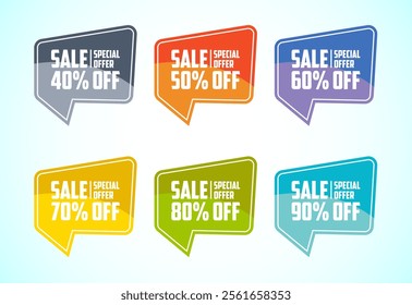 Sale special offer tag sticker set. Shopping discount label with 40, 50, 60, 70, 80, and 90 percent off