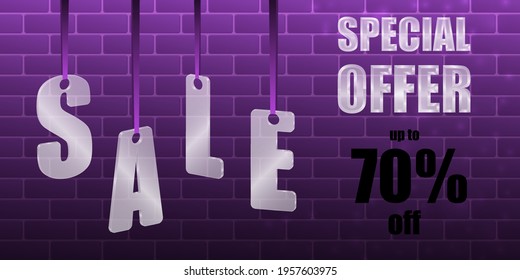 Sale Special offer. Translucent glass or plastic letters on purple silk ribbons with brickwork on a purple background. Vector illustration.