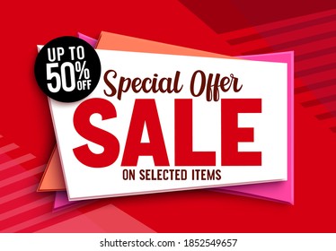 Sale special offer vector banner design. 50% off discount sale text in red abstract background for limited promo marketing advertisement. Vector illustration.
