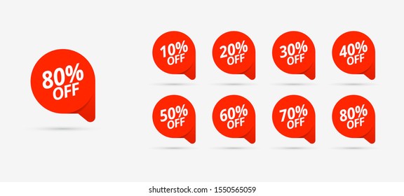 Sale of special offers. Discount with the price is 10, 20, 30, 40, 50, 60, 70, 80. An ad with a red tag for an advertising campaign at retail on the day of purchase. Vector illustration. EPS 10