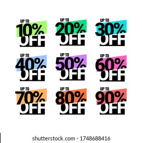 Sale of special offers. The discount with the price is from 10 to 90 percent. A set of stickers for a retail advertising campaign on the day of purchase. Vector illustration