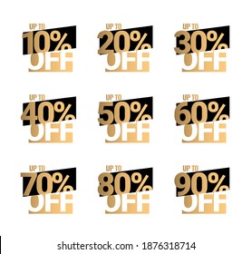 Sale of special offers. The discount with the price is from 10 to 90 percent. A set of stickers for a retail advertising campaign on the day of purchase. Vector illustration