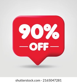 Sale of special offers. Discount with the price 90 percentage. An ad with a red label for a day-of-purchase retail advertising campaign. 3D vector illustration.