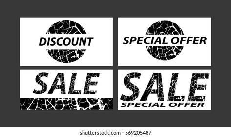 Sale, special offers, discounts on grunge background. Black on white. Vector illustration.