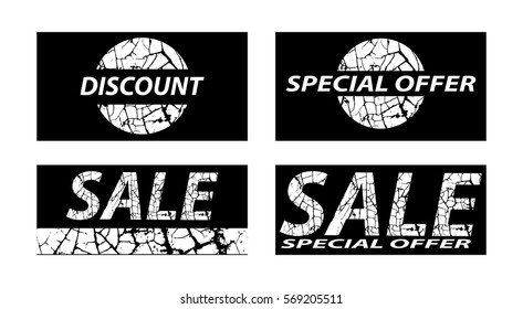 Sale, special offers, discounts on grunge background. White on black. Vector illustration.