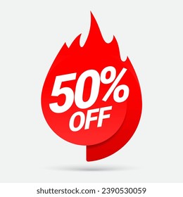 Sale of special offers. Fire Discount with the price is 50. An ad with a red tag for an advertising campaign at retail on the day of purchase. vector illustration