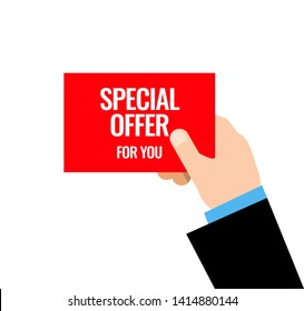 Sale of special offers. hand holding a card with a special purchase offer. Vector illustration