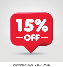 Sale of special offers red. Discount with the price 15 % fifteen OFF percentage. An ad with a red label for a day-of-purchase retail advertising campaign. 3D vector illustration.