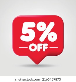 Sale of special offers red. Discount with the price 5 % five OFF percentage. An ad with a red label for a day-of-purchase retail advertising campaign. 3D vector illustration.