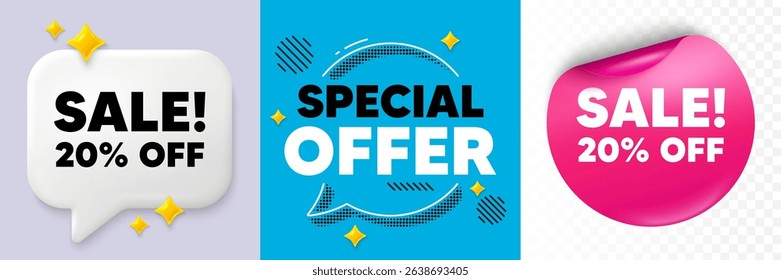 Sale speech bubble. 3d sparkles chat, Paper sticker. Sale 20 percent off discount. Promotion price offer sign. Retail badge symbol. Special offer bubble. Halftone dots pattern. Vector