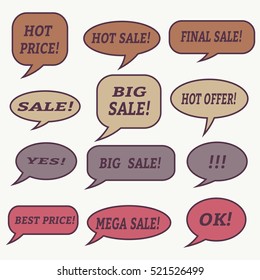 Sale  speech bubble. Dream cloud. Talk balloon. Quote box. Text  
information frame. Banner and badge. Set of vector illustration icons. speech balloon.  Thought bubbles. 