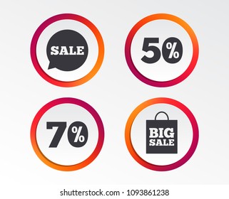 Sale speech bubble icon. 50% and 70% percent discount symbols. Big sale shopping bag sign. Infographic design buttons. Circle templates. Vector