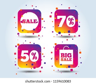 Sale speech bubble icon. 50% and 70% percent discount symbols. Big sale shopping bag sign. Colour gradient square buttons. Flat design concept. Vector