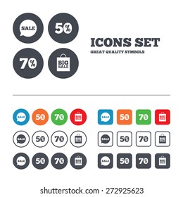 Sale speech bubble icon. 50% and 70% percent discount symbols. Big sale shopping bag sign. Web buttons set. Circles and squares templates. Vector