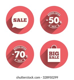 Sale speech bubble icon. 50% and 70% percent discount symbols. Big sale shopping bag sign. Pink circles flat buttons with shadow. Vector