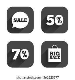 Sale speech bubble icon. 50% and 70% percent discount symbols. Big sale shopping bag sign. Square flat buttons with long shadow.