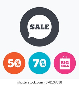 Sale speech bubble icon. 50% and 70% percent discount symbols. Big sale shopping bag sign. Circle flat buttons with icon.