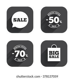 Sale speech bubble icon. 50% and 70% percent discount symbols. Big sale shopping bag sign. Square flat buttons with long shadow.