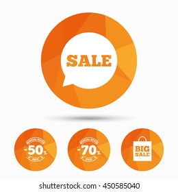 Sale speech bubble icon. 50% and 70% percent discount symbols. Big sale shopping bag sign. Triangular low poly buttons with shadow. Vector