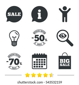 Sale speech bubble icon. 50% and 70% percent discount symbols. Big sale shopping bag sign. Information, light bulb and calendar icons. Investigate magnifier. Vector