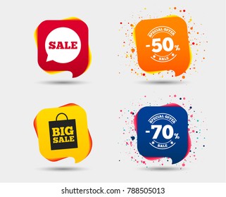 Sale speech bubble icon. 50 percent and 70 percent discount symbols. Big sale shopping bag sign. Speech bubbles or chat symbols. Colored elements. Vector