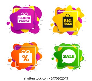 Sale speech bubble icon. Banner shape, various colors. Black friday gift box symbol. Big sale shopping bag. Discount percent sign. Geometric vector banner. Gradient liquid shape badge. Vector
