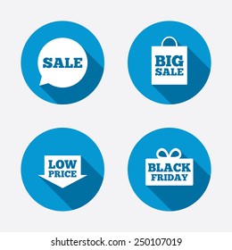 Sale speech bubble icon. Black friday gift box symbol. Big sale shopping bag. Low price arrow sign. Circle concept web buttons. Vector