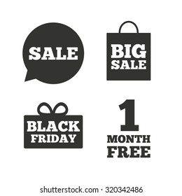 Sale speech bubble icon. Black friday gift box symbol. Big sale shopping bag. First month free sign. Flat icons on white. Vector
