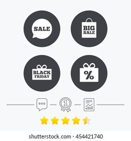 Sale speech bubble icon. Black friday gift box symbol. Big sale shopping bag. Discount percent sign. Chat, award medal and report linear icons. Star vote ranking. Vector