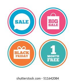 Sale speech bubble icon. Black friday gift box symbol. Big sale shopping bag. First month free sign. Colored circle buttons. Vector