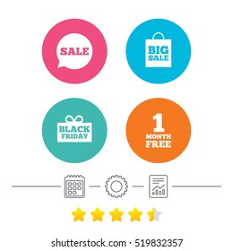 Sale speech bubble icon. Black friday gift box symbol. Big sale shopping bag. First month free sign. Calendar, cogwheel and report linear icons. Star vote ranking. Vector