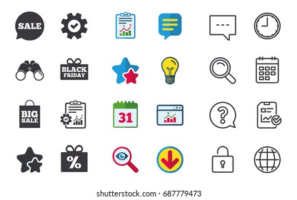 Sale speech bubble icon. Black friday gift box symbol. Big sale shopping bag. Discount percent sign. Chat, Report and Calendar signs. Stars, Statistics and Download icons. Question, Clock and Globe