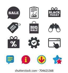 Sale speech bubble icon. Black friday gift box symbol. Big sale shopping bag. Discount percent sign. Browser window, Report and Service signs. Binoculars, Information and Download icons. Vector