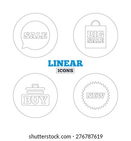 Sale speech bubble icon. Buy cart symbol. New star circle sign. Big sale shopping bag. Linear outline web icons. Vector