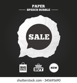 Sale speech bubble icon. Buy cart symbol. New star circle sign. Big sale shopping bag. Paper speech bubble with icon.