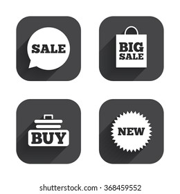 Sale speech bubble icon. Buy cart symbol. New star circle sign. Big sale shopping bag. Square flat buttons with long shadow.